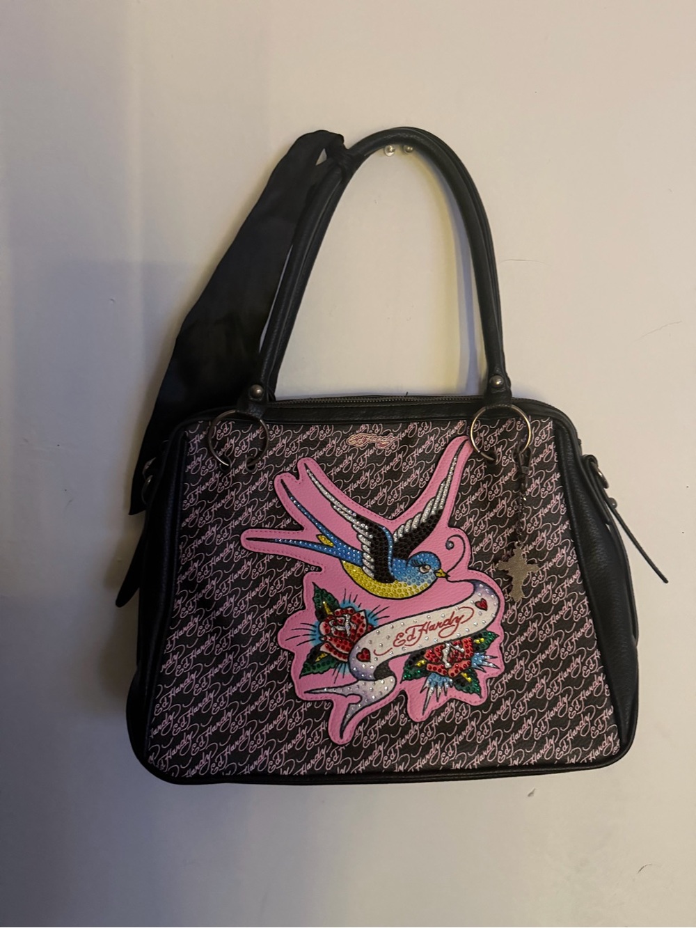Ed Hardy Black and Pink Swallow Applique Satchel Handbag